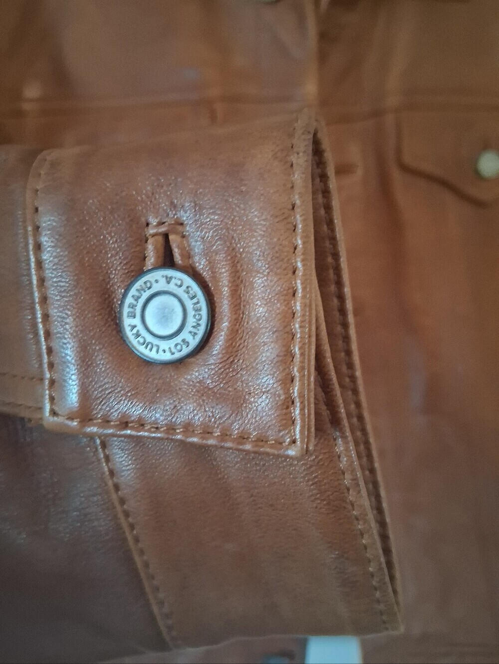 NWOT Lucky Brand Leather Trucker Jacket In Color: Cognac Size L - Picture 6 of 15